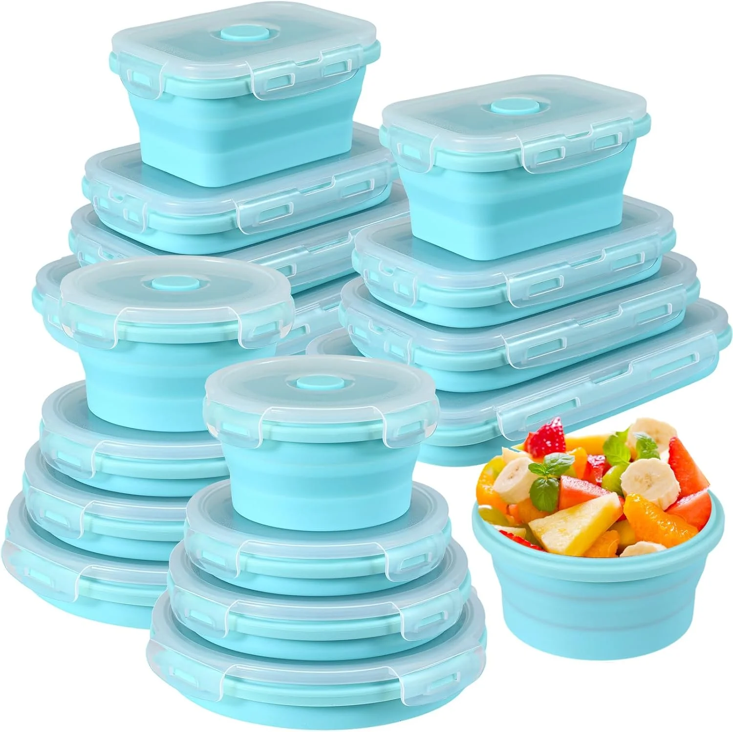 16 Pack Collapsible Food Storage Containers with Lid 8 P cs Rectangle Storage Bowl and 8 P cs Round Silicone Food Bow for Lunch Accessories Microwave