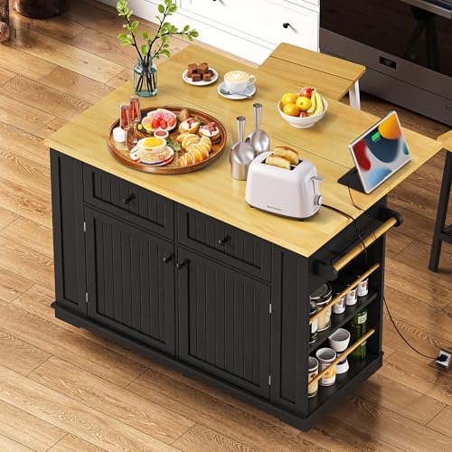 Kitchen Island with Drop Leaf & Power Outlet, Rolling Kitchen Islands Cart with 5 Open Storage Shelves & Towel Rack