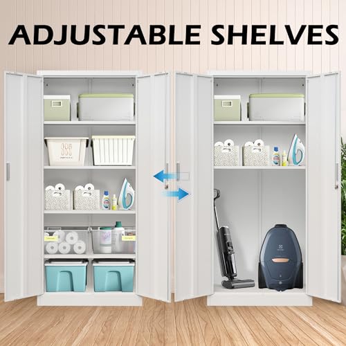 Metal Storage Cabinet, 72" H x 36" W x 18" D Locking Cabinet with Adjustable Shelves, Steel Storage Cabinets for Garage, Home, Office, Pantry (White)