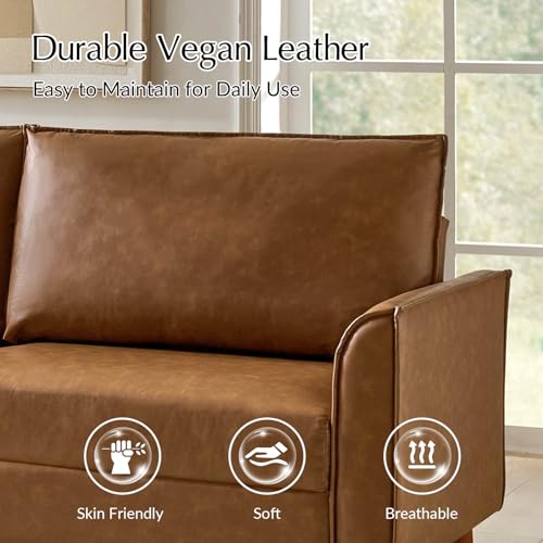 HULALA HOME 78" Faux Leather Sofa with Solid Wood Legs, Mid-Century Modern PVC Leather Couch, Comfy Upholstered 3-Seater Sofa for Living Room Bedroom