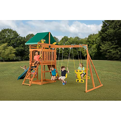Sky View Cedar Backyard Playset | W: 17'10" D: 9'4" H: 9'9" | w/2-Person Glider & 2 Belt Swings | Binoculars