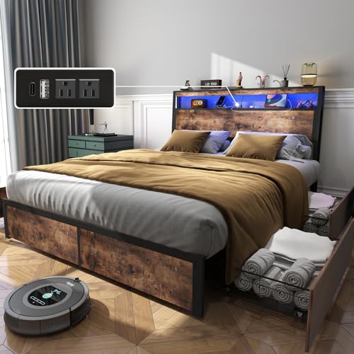 King Size Bed Frame with 4 Storage Drawers and Headboard with Charging Station and LED Lights,2 Tier Solid Wood Headboard Storage,Noise Free