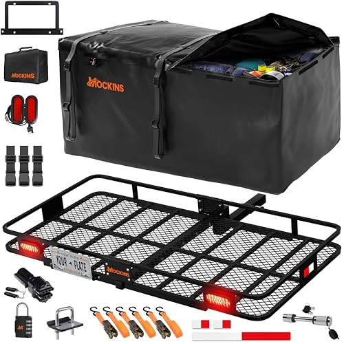 Mockins XXL 72"x36"x6" Folding Trailer Hitch Cargo Carrier w/ 50 CuFt Waterproof Cargo Bag for Hitch Carrier | 500 Lbs Cap Luggage Rack for SUV Car &
