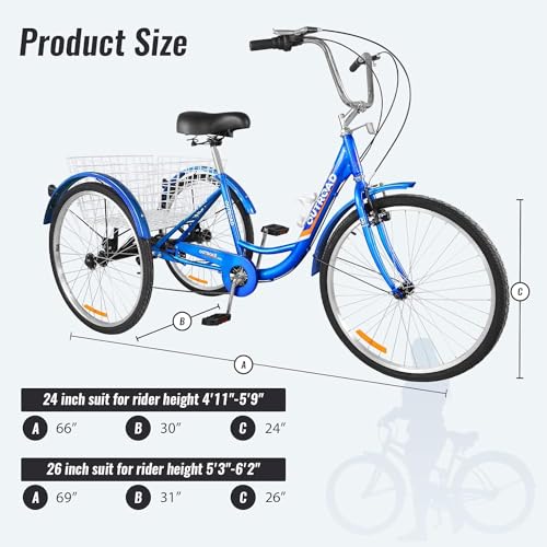 7-Speed Adult Tricycle with Large Basket 24/26 Inch, Stable 3-Wheel Cruise Bicycle for Shopping, Beach and City Trike Perfect for Men, Women
