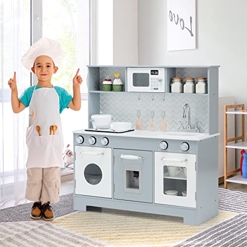 HONEY JOY Kids Kitchen Playset, Wooden Little Chef Pretend Play Toy Kitchen Set, Range Hood & Microwave with Lights, Water Dispenser, Fabric Drawer