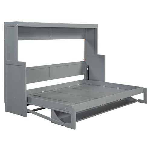 Ball & Cast Queen Size Murphy Bed,Murphy Bed Cabinet W/ 2 Five-Layer Cabinet,Hideaway Wall Bed W/LED Lights,Wood Hidden Bed Frame for Guest Room