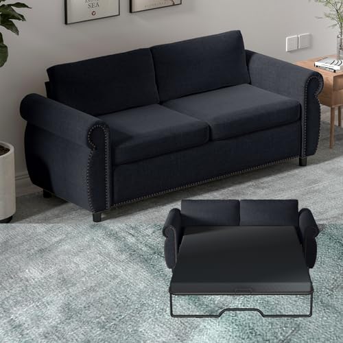MUZZ Pull Out Sofa Bed, Queen Sleeper Sofa Couch with 4" Thick Memory Foam Mattress, Modern Linen Sectional Loveseat with Rivet Decoration