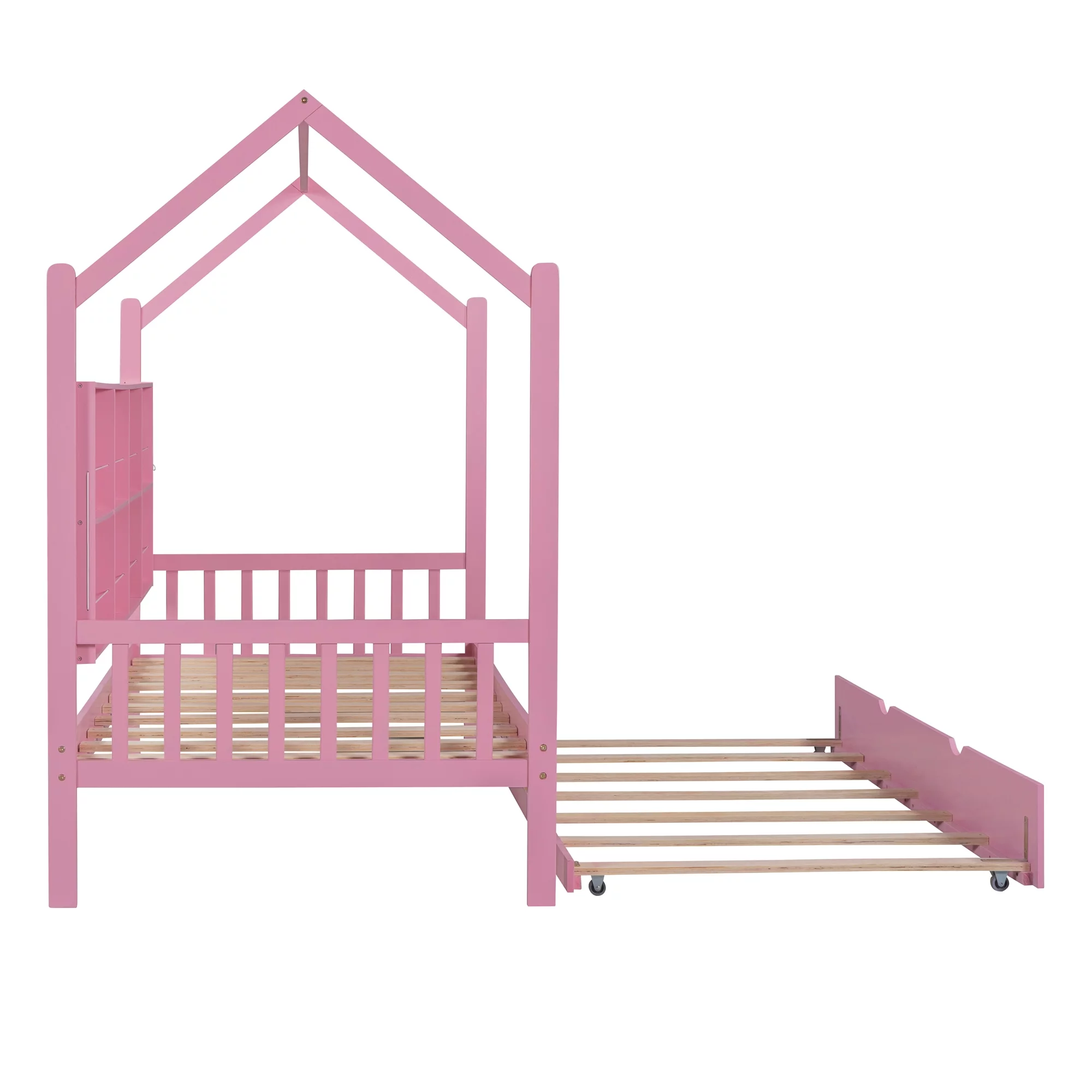 Swivelife Wooden Twin Size House Bed with Trundle,  Kids Bed with Shelf for Kids Room, Pink