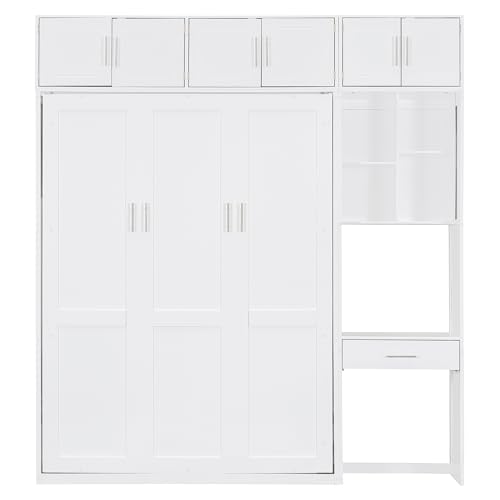 P PURLOVE Wood Twin Murphy Bed with Light and USB, Modern Wall Bed with Top Cabinet and Storage Shelves, Space Saving, No Box Spring Needed (Gray)