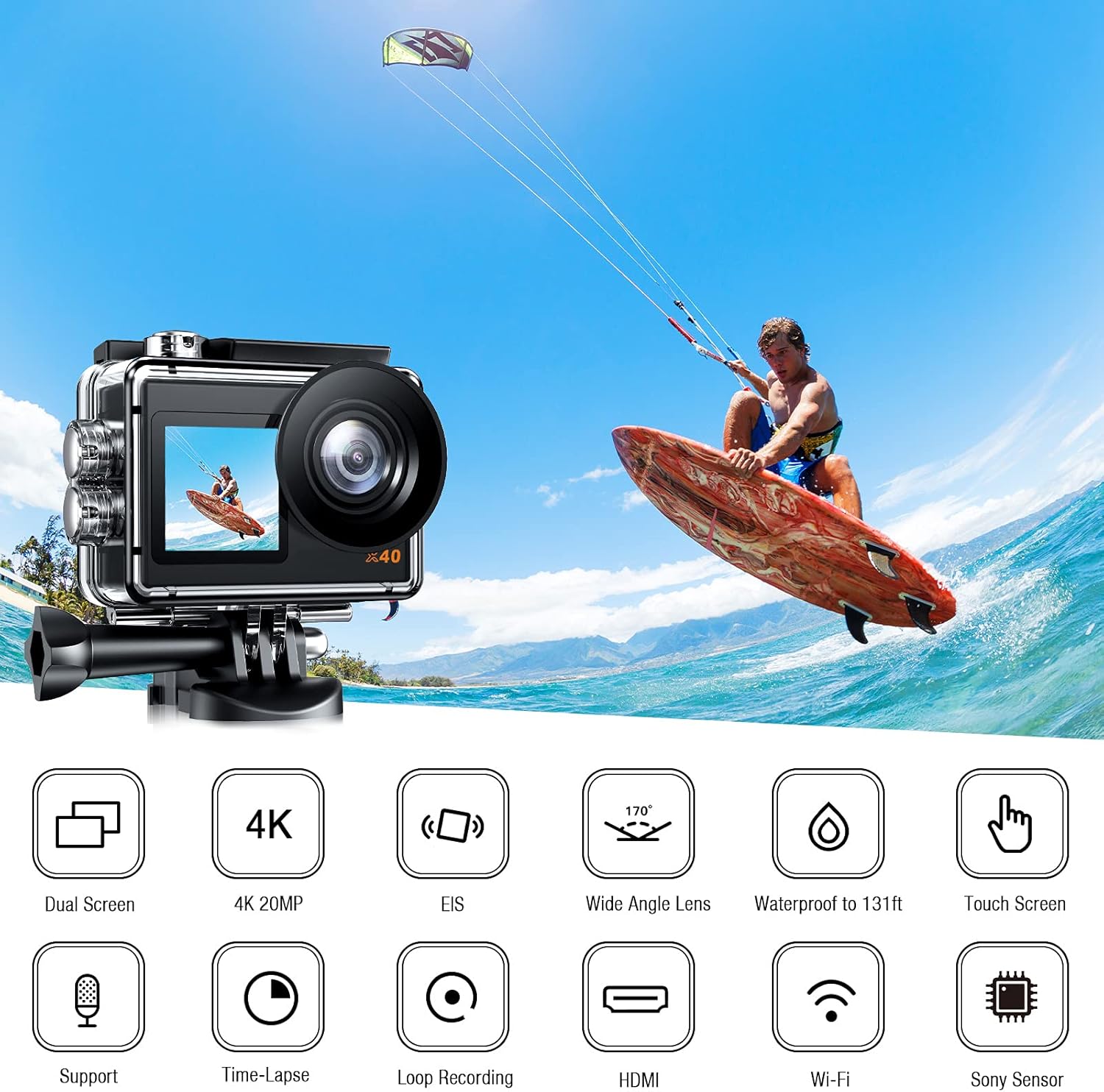 Action Camera 4K Sports Camera 20MP 40M Waterproof Underwater Camera 170°Wide Angle WiFi Ultra HD Camera with 2.4G Remote Control 2 Batteries with