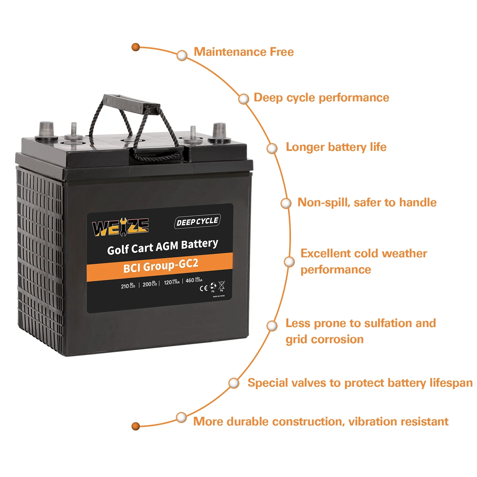 Weize Golf Cart Battery, 6V 210ah BCI Group GC2 Deep Cycle AGM Scrubber Battery - Radiant Selections