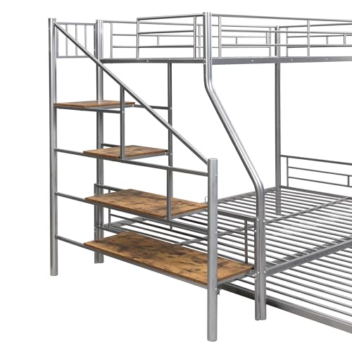 Twin Over Full Bunk Bed with Trundle and Stairs, Metal Bunk Bed with Storage and Safe Guardrails, Heavy-Duty Metal Bunkbeds for Teens, Adults