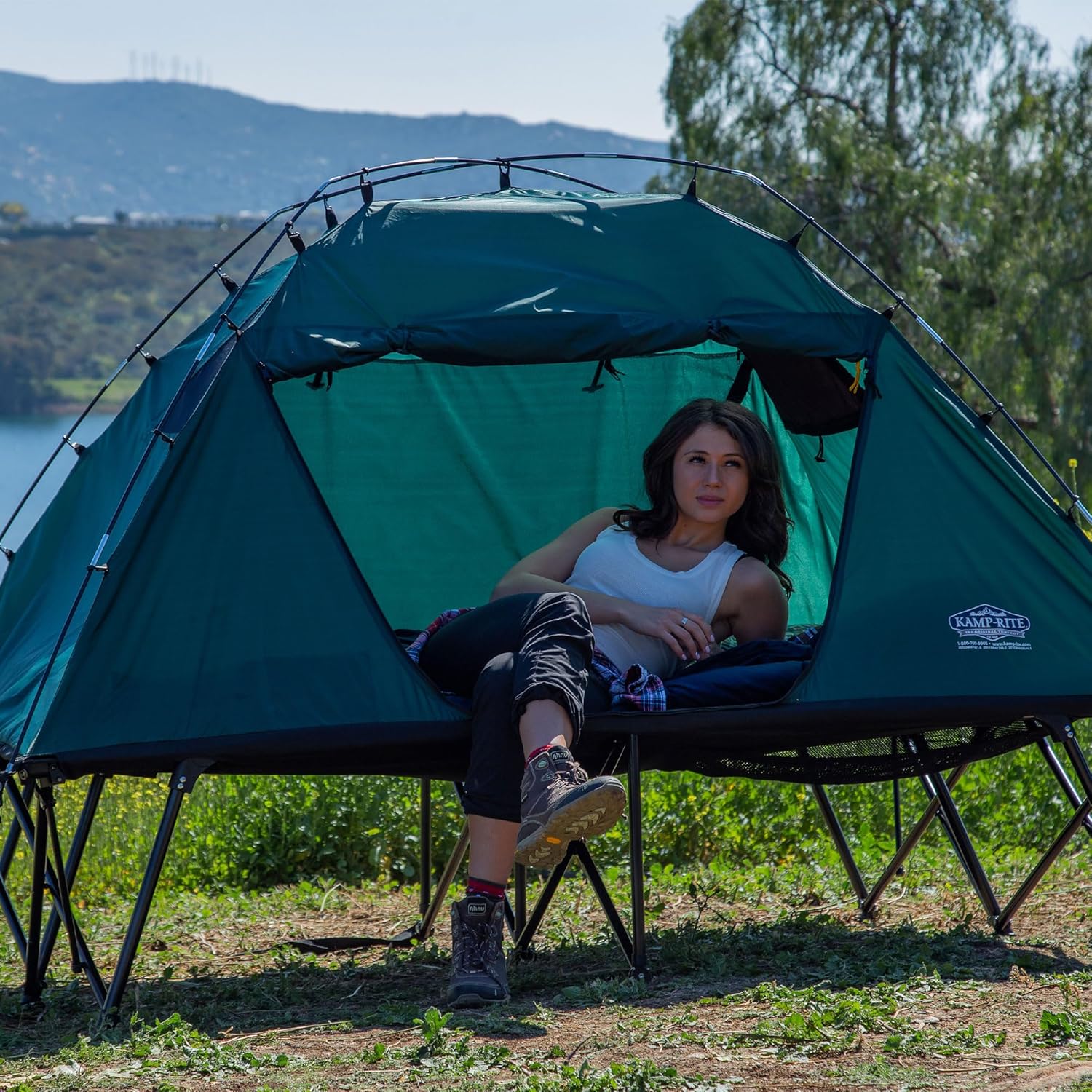 Kamp-Rite Double CTC Compact Quick Setup 2 Person Tent Cot, Chair and Tent with Rain Fly, 600 D Roller Wheeled Carry Bag & 190T Carry Bag, Green
