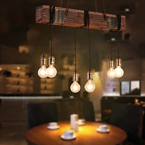 Rustic Chandelier Farmhouse Wood Beam Hanging Industrial Pendant Lighting Vintage Ceiling Light Fixture 10 Heads for Dining Table Kitchen Island Bar