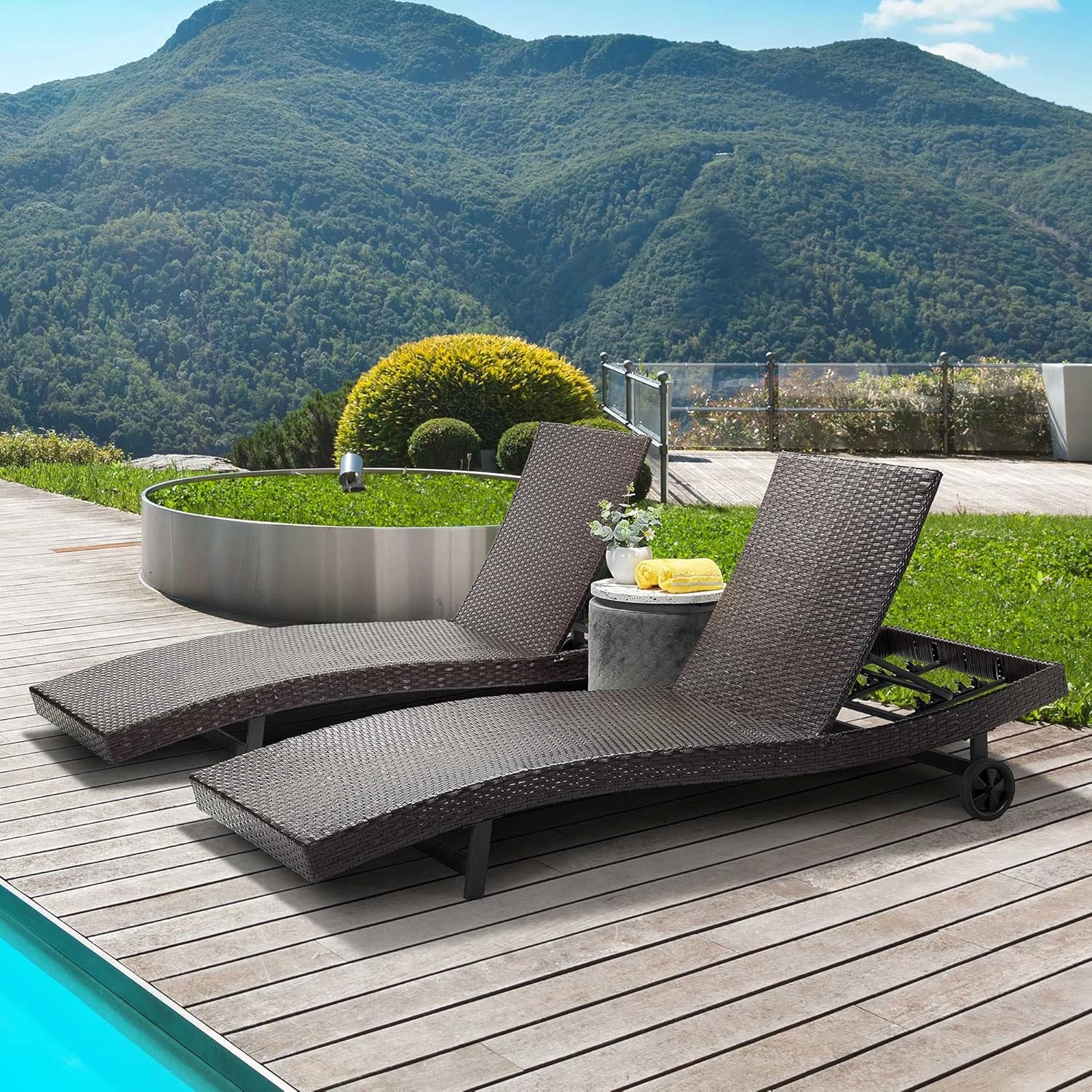 Laurel Canyon Chaise Lounge Sets with Wheels PE Rattan Adjustable Back 2 Pieces Outdoor Wicker Reclining Chair for Patio, Beach, Yard, Pool