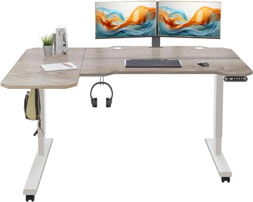 Adjustable Height L-Shaped Electric 59 Inch Sit-Stand Computer Desk with 3 Splice Boards, Lockable Casters-Ideal for Home Office, 59Inch, Rustic Brown