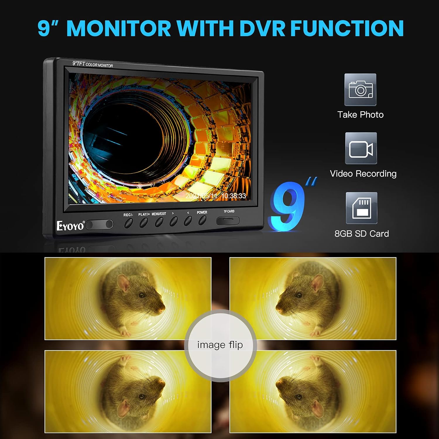 Upgraded 164ft/50m Sewer Camera, 23mm HD 720P Camera with 12pcs LED, 9 LCD Monitor with DVR, Fiberglass Cable, Rechargeable Battery, 8GB TF Card