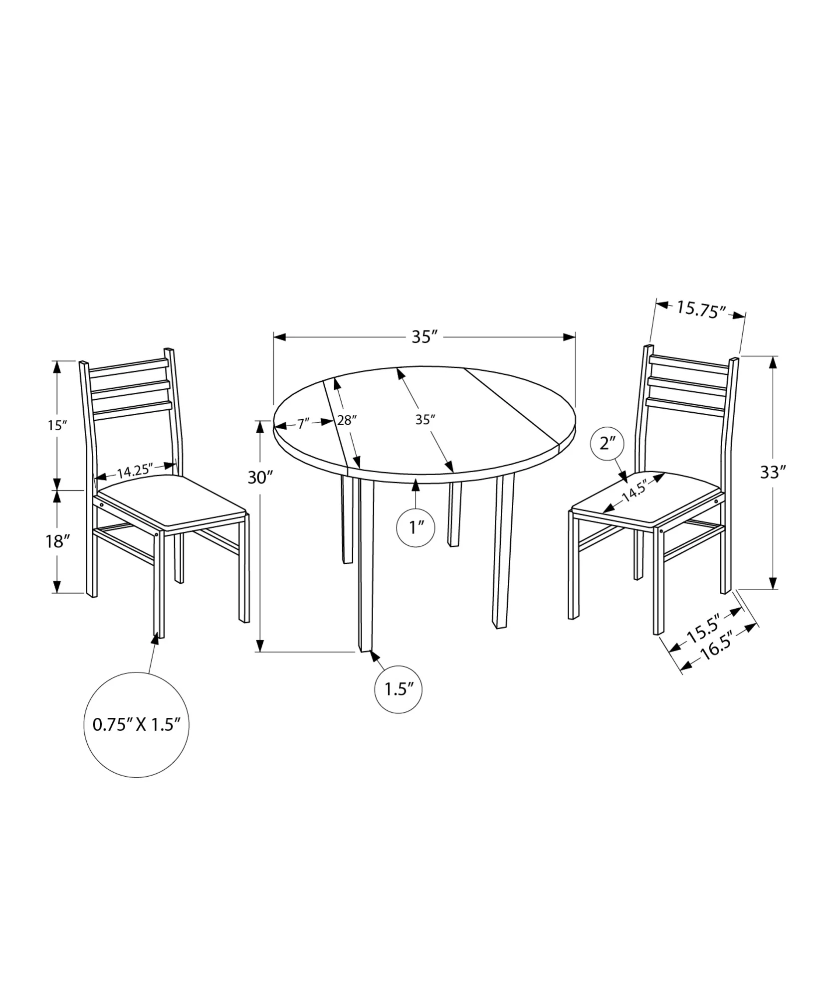 Gray Dining Table Set - 3pcs Set - Small - 35" Drop Leaf - Kitchen - Black Metal