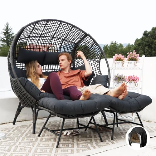 NICESOUL® Double Egg Chair Indoor Outdoor Stationary Oversized Thicken Padded Cushions, 2 Person Egg Loveseat Chair