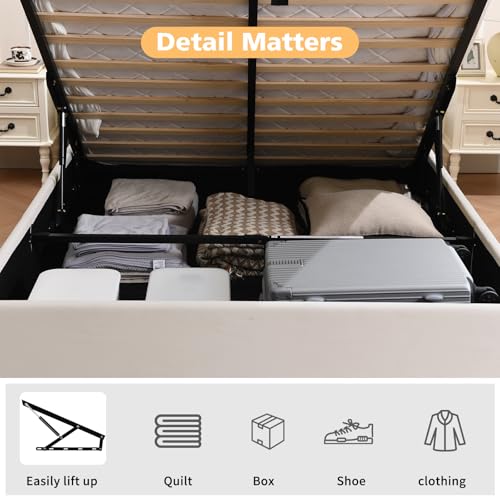 VELOCAVA Queen Size Lift Up Storage Bed with Modern Wingback Headboard, Upholstered Platform Bed with Fabric with Hydraulic Support Bars