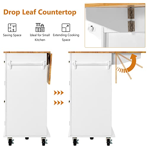 Kitchen Cart with Wood Top and Drop Leaf Breakfast Bar, Rolling Mobile Kitchen Island Table on Wheels with Drawer and Storage Cabinet, Spice Rack