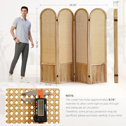 Room Divider 4 Panel, Folding Privacy Screen, Foldable Wood Divider Room Dec, Rattan Room Divider, Portable Partition Screen