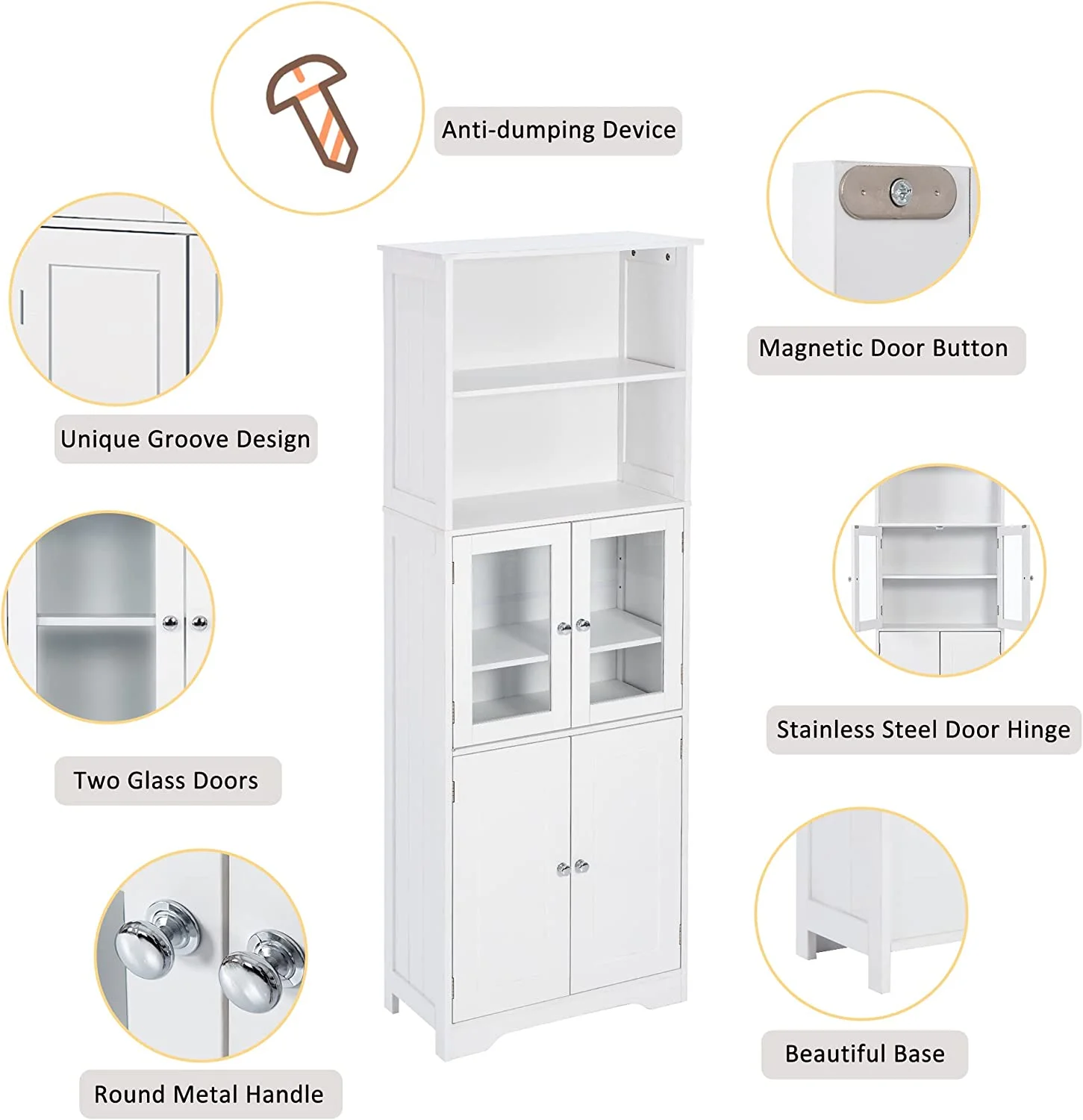 WANHUI, White Storage Cabinet with Glass Doors, Open Bookcase, Pantry Cupboard, Freestanding Organizer Display for Bathroom, Kitchen, Office