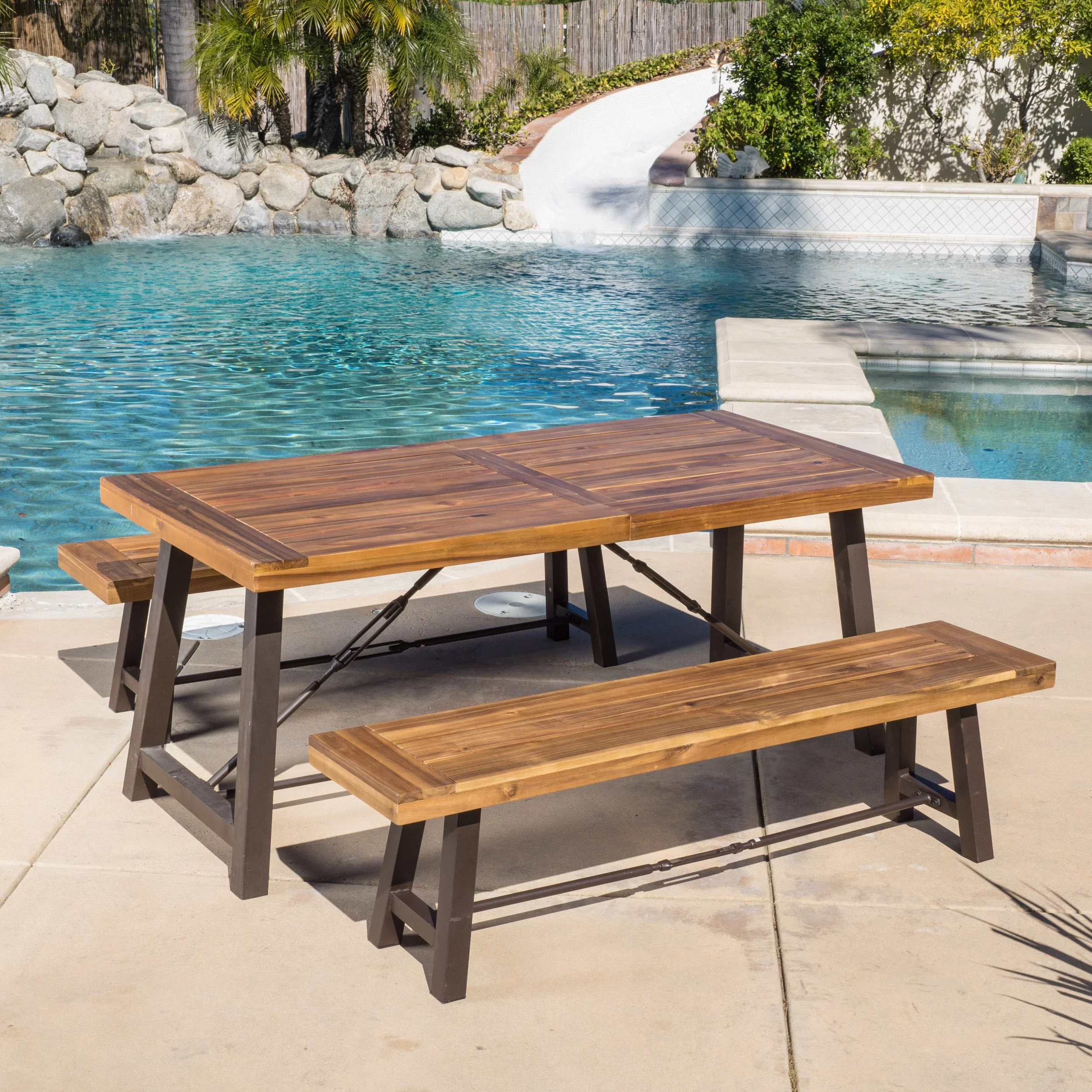 Canton Acacia Wood 3-Piece Picnic Table, Teak Finish