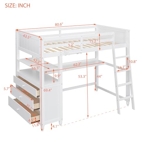 Harper & Bright Designs Full Loft Bed with Desk and Wardrobe,Solid Wood Loft Bed Frame Full with Storage Drawers for Kids Teens Adults
