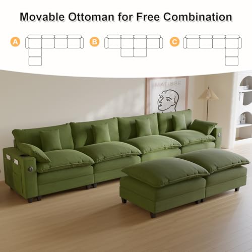 Modular Sectional Sofa, Cloud Couch with Ottoman, Charging Station, Throw Pillows, Cup Holders, Modern Convertible U Shaped Couches for Living Room