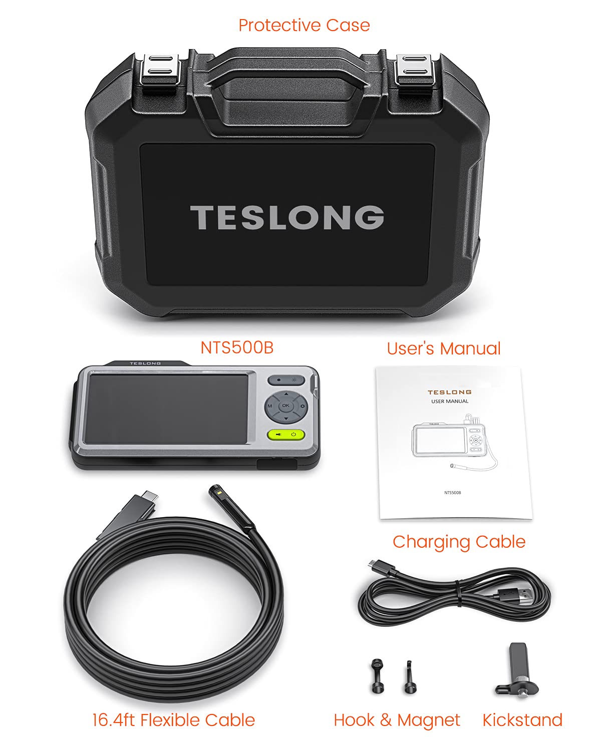 Triple Lens Inspection Camera, Teslong Digital Borescope Endoscope, Snake Scope Camera, HD, Waterproof Probe with Light, 5 IPS Screen, Plumbing, Pipe