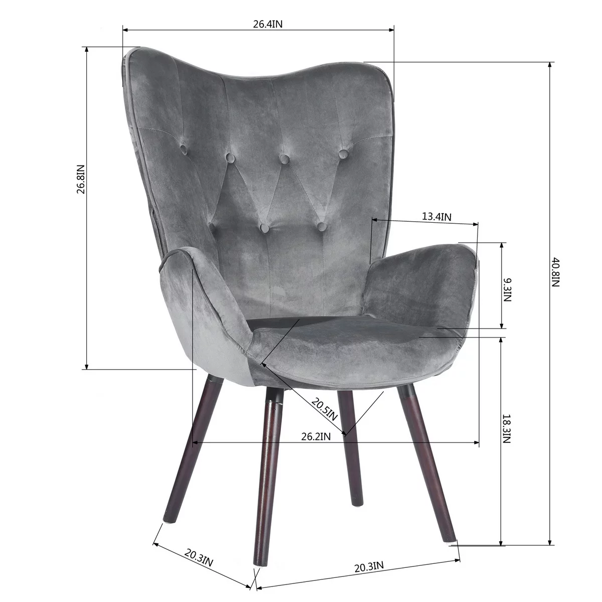 HouseInBox Velvet Accent Chair for Living Room, Gray Wing Back Armchair Tufted Back Upholstery Living Room Chairs