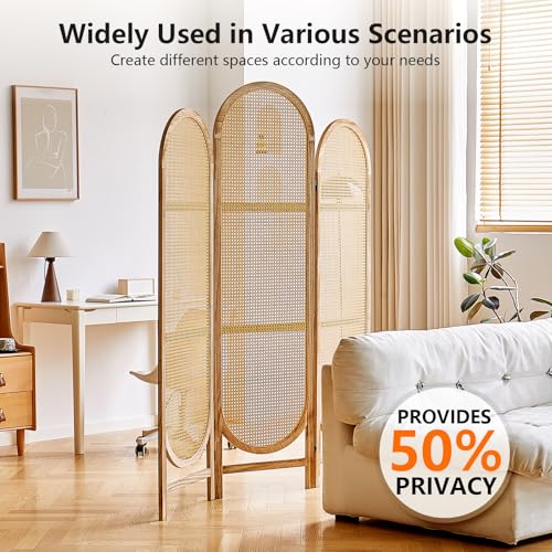 Room Divider 4 Panel, Folding Privacy Screen, Foldable Wood Divider Room Dec, Rattan Room Divider, Portable Partition Screen