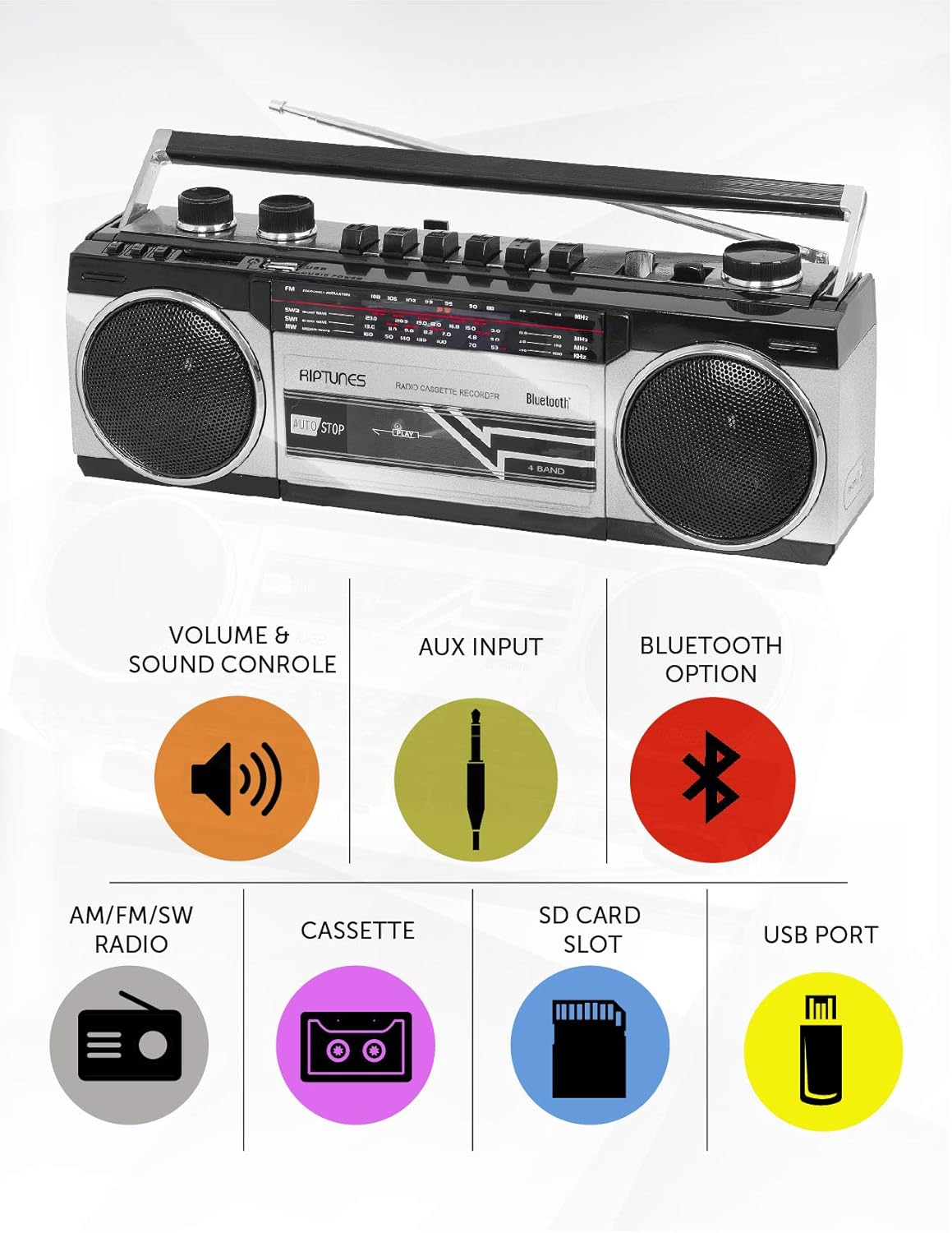 Riptunes Cassette Boombox, Retro Blueooth Boombox, Cassette Player and Recorder, AM/FM/ SW-1-SW2 Radio-4-Band Radio, USB, SD, Silver Pack of 2