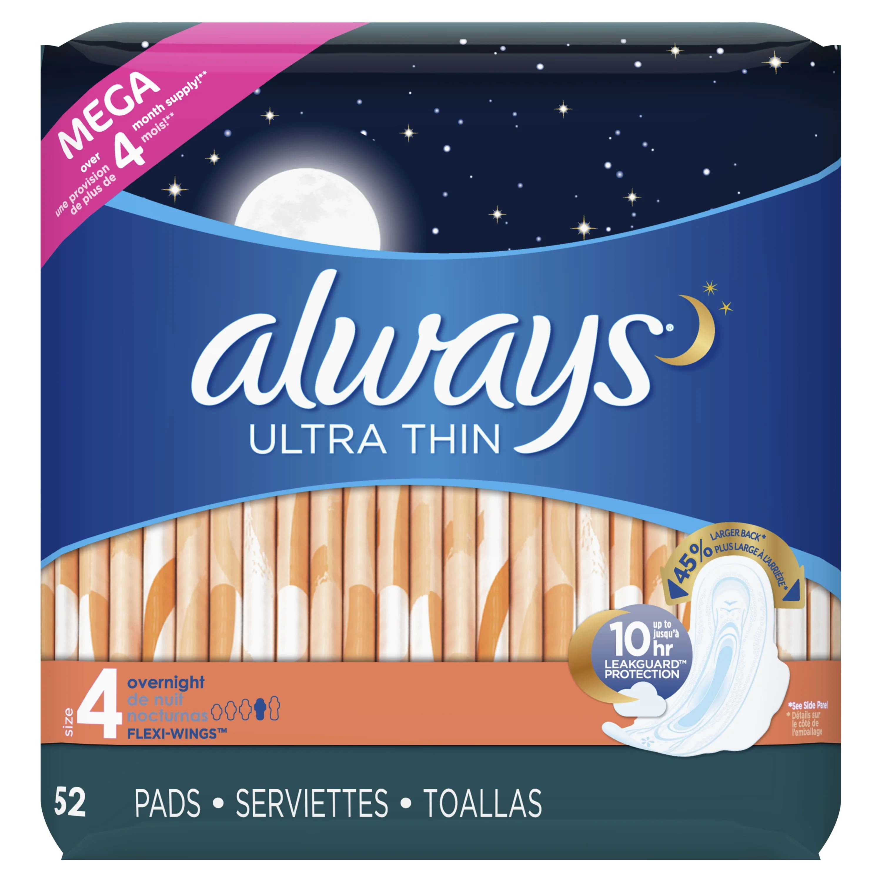 Always Ultra Thin Overnight Pads with Wings, Size 4, Overnight Absorbency, 36 Count