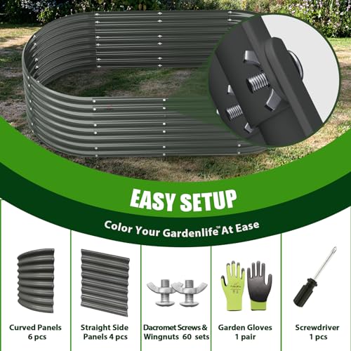 A ANLEOLIFE 8X4X1.5 ft Galvanized Raised Garden Beds Outdoor, Oval Large Metal Planter Box for Planting Vegetables Flowers Herb