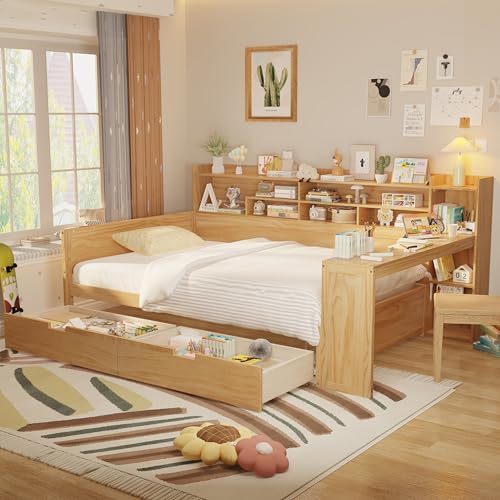 Bellemave Twin Corner Bed Frame with Storage Shelves and Desk, Wood Twin Size Daybed with Bookcase and Drawers and Storage, Gray