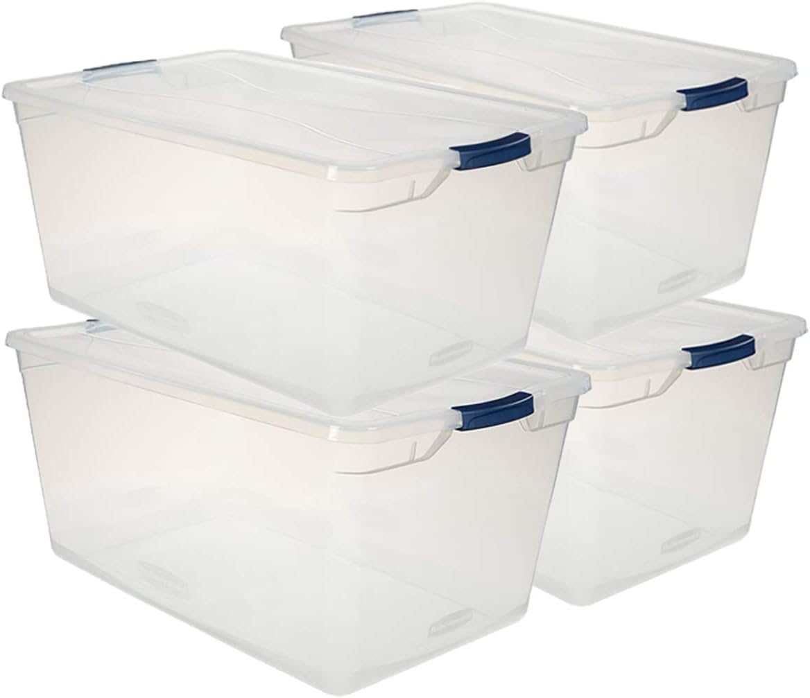 Rubbermaid Cleverstore Clear 71 QT Pack of 4 Stackable Large Storage Containers with Durable Latching Clear Lids, Visible Organization and Storage