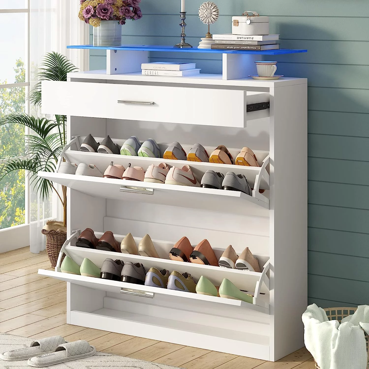 AngLink Slim Entryway Shoe Cabinet with 2 Flip Drawers, Modern Tempered Glass Top Shoe Storage Organizer with Drawer and Open Shelves