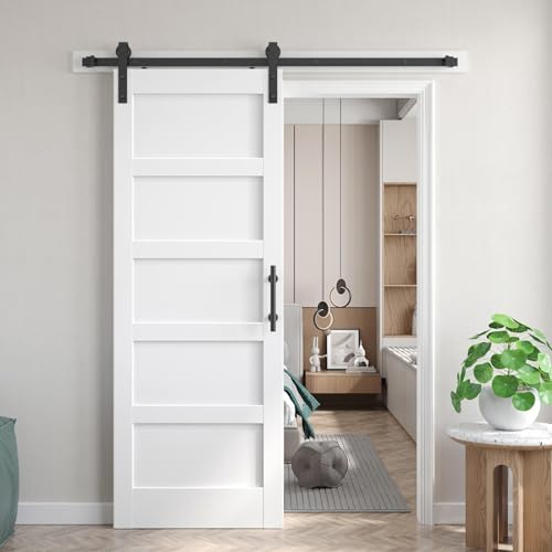 Fredbeck Double 21inx84in White Barn Door and 7FT Sliding Barn Door Hardware Kit Included,Solid,MDF, PVC Surface,DIY Assembly,5-Panel