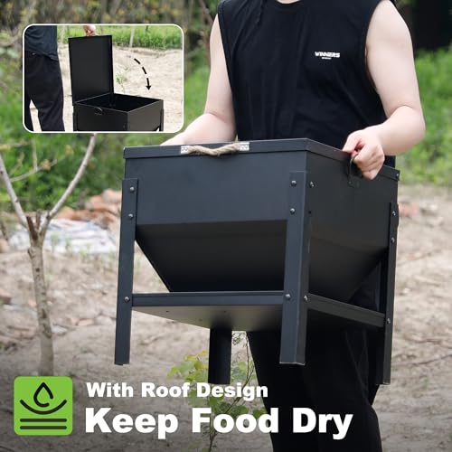 Solution4Patio All Metal Chicken Feeding Box 80 lbs Large Capacity Portable, Waterproof Lid, Hens and Roosters, No Waste Coop Poultry