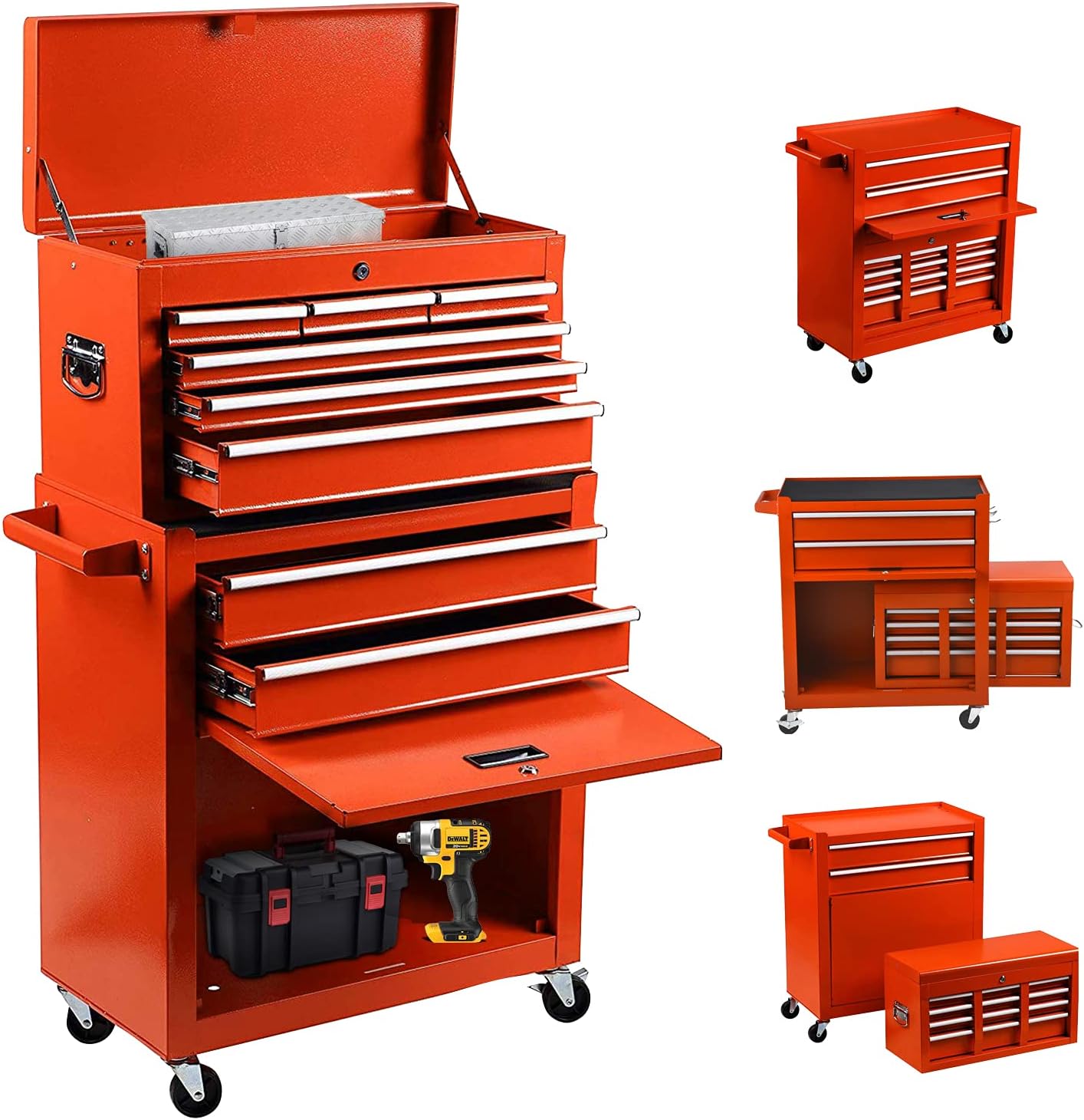 8-Drawer Rolling Tool Chest 2 in 1 High Capacity Tool Box Detachable Organizer Tool Storage Cabinet with 4 Wheels & Lockable Lined Drawers for Garage