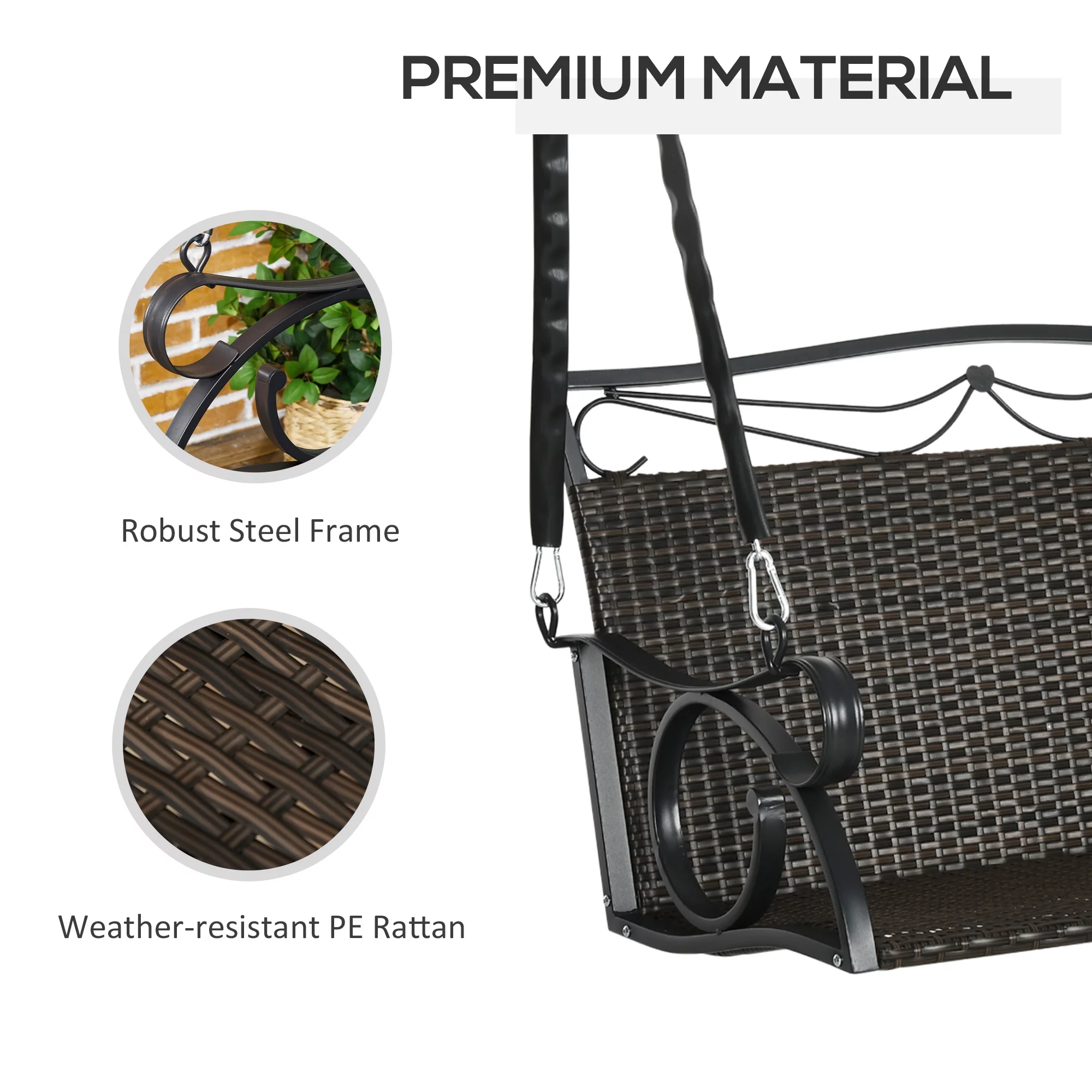 Outsunny 2-Person Wicker Porch Swing, Hanging Swing Bench, Brown