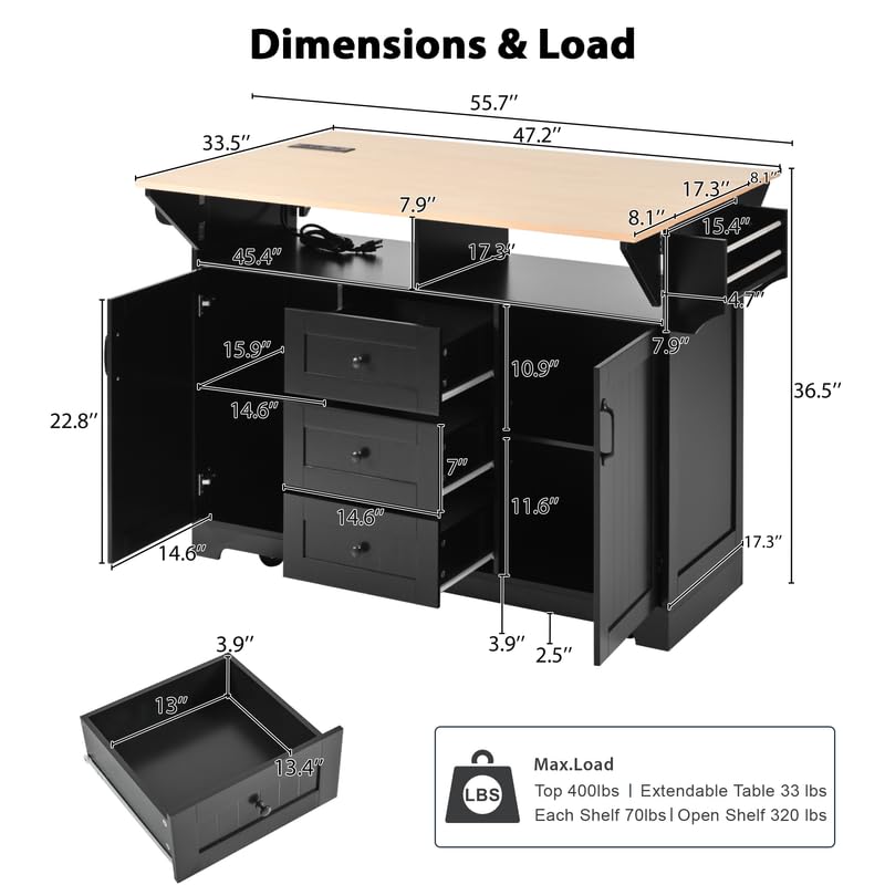 55.7'' Large Kitchen Island with 2 Drop Leaf, Rolling Kitchen Cart on 5 Wheels with Power Outlet
