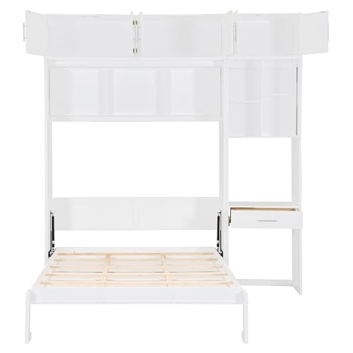P PURLOVE Wood Twin Murphy Bed with Light and USB, Modern Wall Bed with Top Cabinet and Storage Shelves, Space Saving, No Box Spring Needed (Gray)