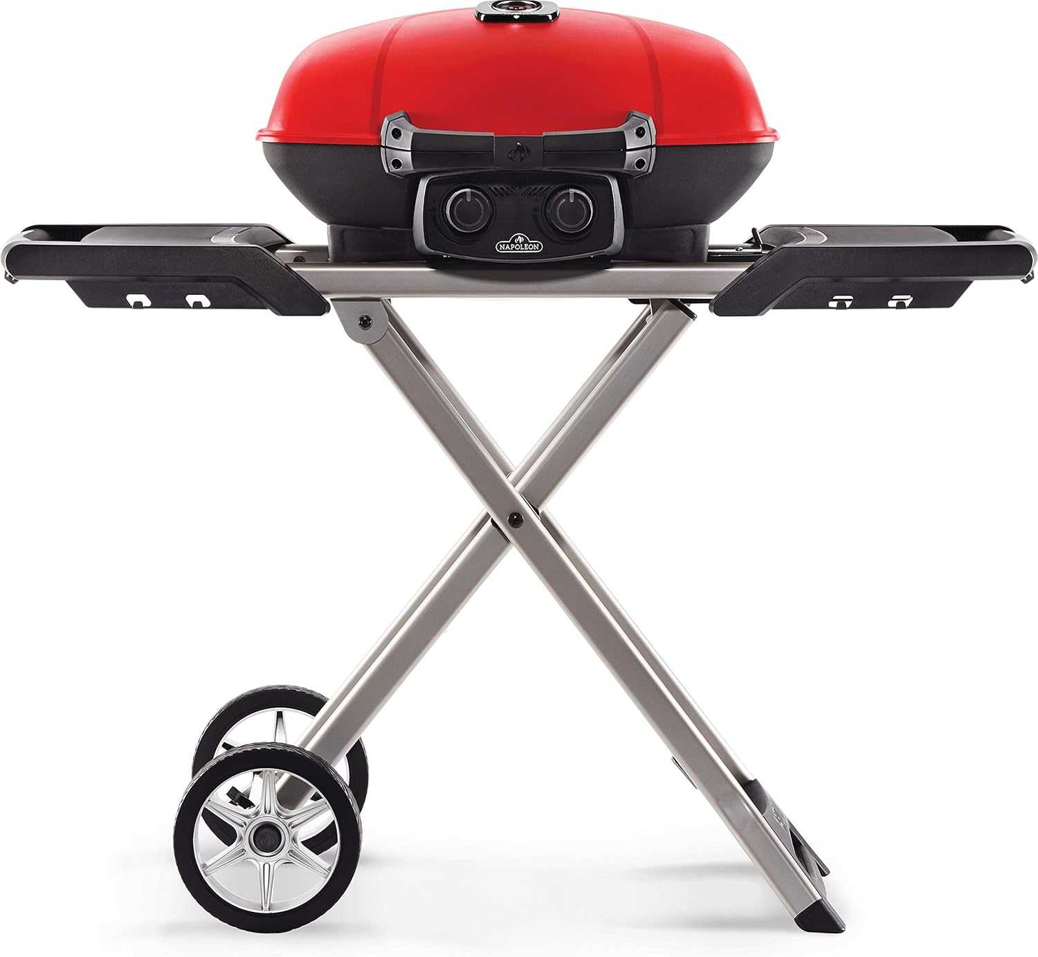 Napoleon TravelQ 285 Portable Gas BBQ Grill, Propane, Red Lid - TQ285X-RD-1-A – Includes Folding Cart, Two Burners, Cast Iron Cooking Grids