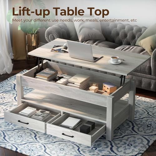 Rolanstar Coffee Table, Lift Top Coffee Table with Drawers and Hidden Compartment, Retro Central Table with Wooden Lift Tabletop, for Living Room