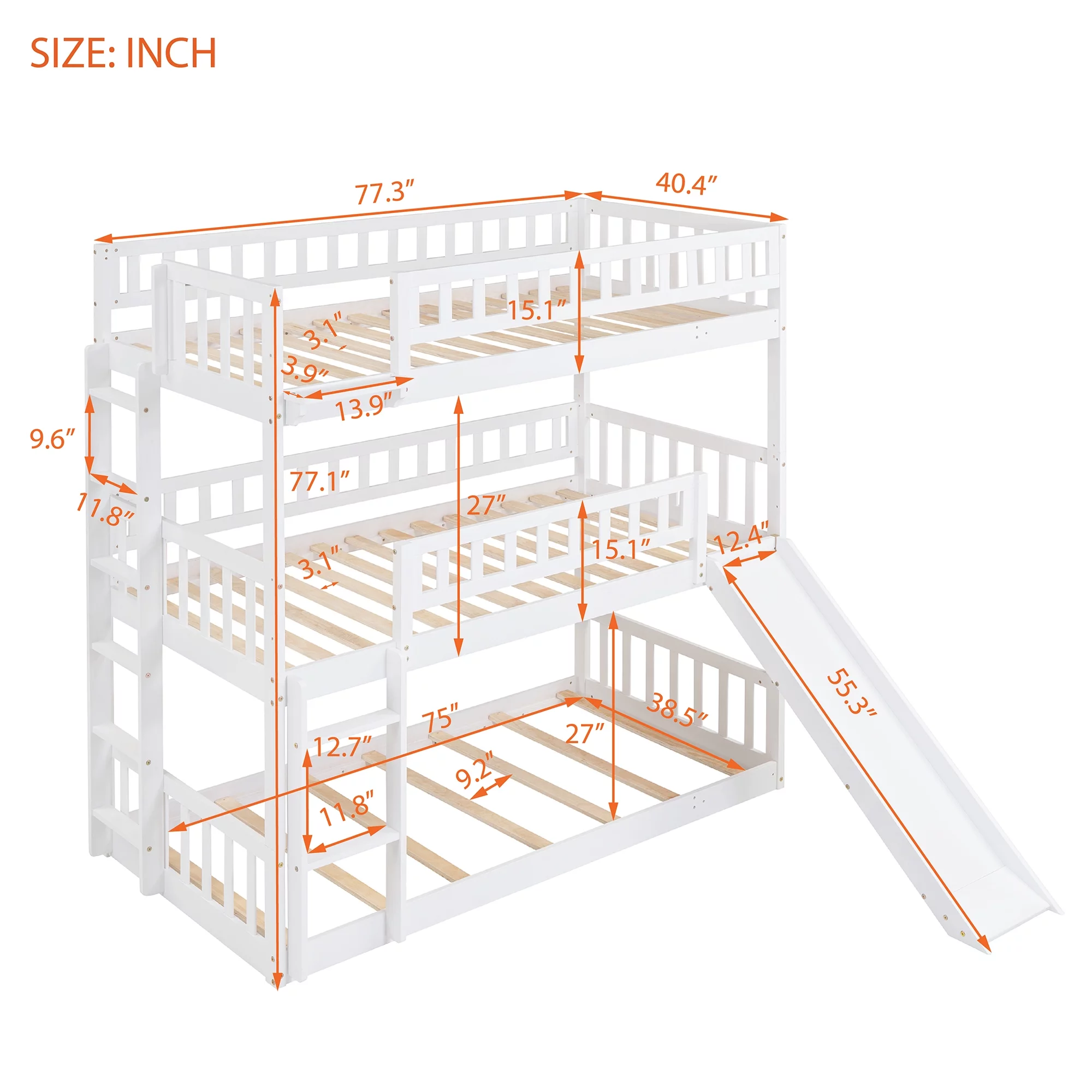 Bellemave Triple Bunk Bed with Slide, Wood Twin Over Twin Over Twin 3 Bunk Bed with Built-In Ladder and Guardrails, Triple Bed for Kids, Teens, Boys