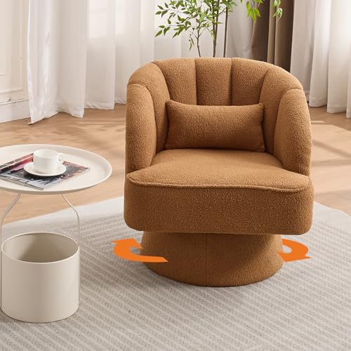 GarveeHome Modern Swivel Barrel Accent Chair, 360° Teddy Fabric Upholstered Armchair with Striped Backrest & Plush Padding