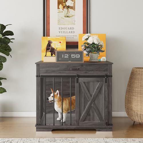Aoowow Large Double Dog Crate Furniture 72.4" Indoor Dog Kennel with Sliding Barn Door and Divider